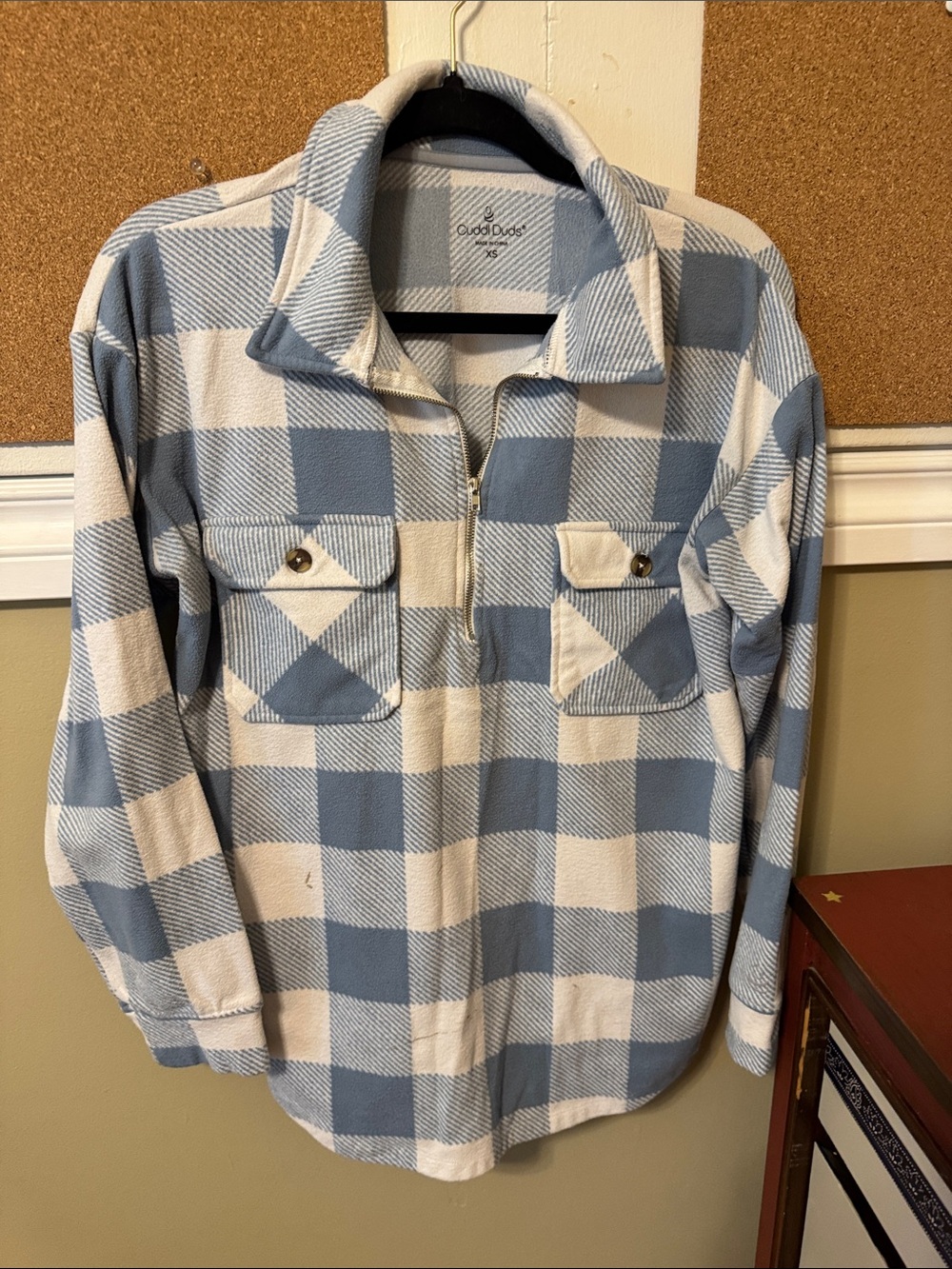 Cuddl Duds Light Blue and White Plaid Zip-Front Shacket